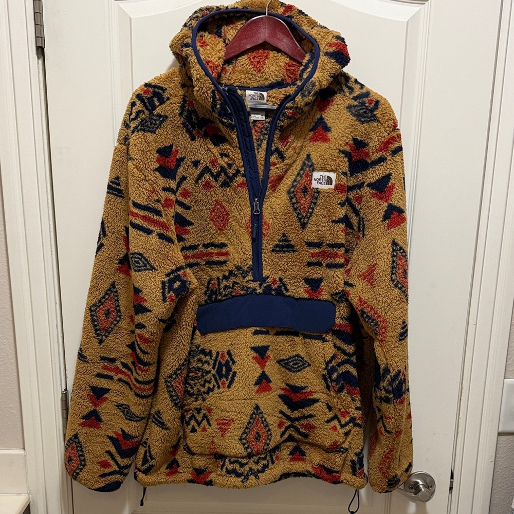 The North Face Hooded Sherpa Pullover - Mustard with Navy & Red Accents - Picture 1 of 7